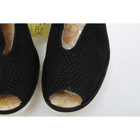 Nwt FLY London  Leather Yazu Wedge Sandals Black 39 Us 8-8.5