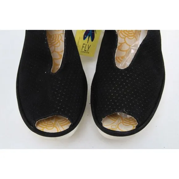 Nwt FLY London  Leather Yazu Wedge Sandals Black 39 Us 8-8.5