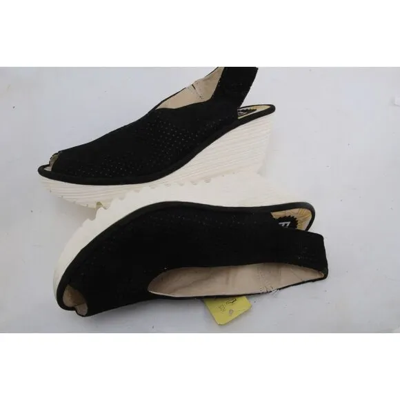 Nwt FLY London  Leather Yazu Wedge Sandals Black 39 Us 8-8.5