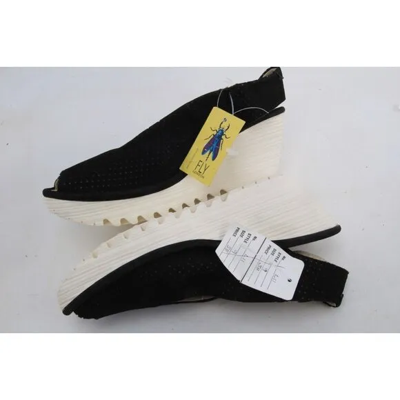 Nwt FLY London  Leather Yazu Wedge Sandals Black 39 Us 8-8.5