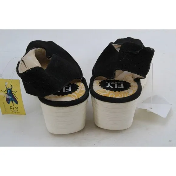 Nwt FLY London  Leather Yazu Wedge Sandals Black 39 Us 8-8.5