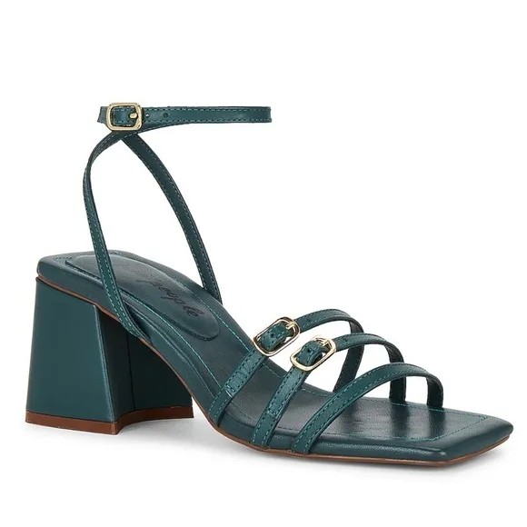 NWT Free People Oasis Teal Leather Niki Strappy Block Heel Sandals 7.5