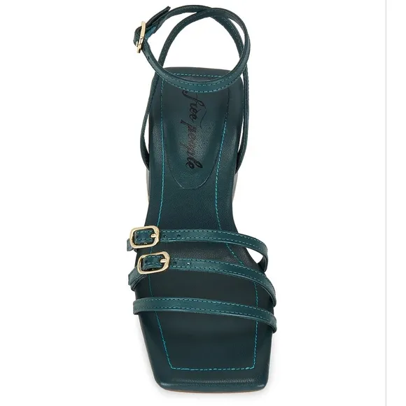 NWT Free People Oasis Teal Leather Niki Strappy Block Heel Sandals 7.5