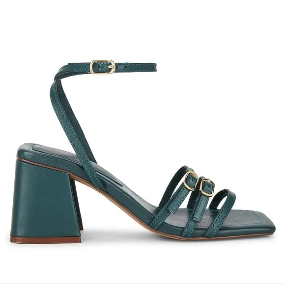 NWT Free People Oasis Teal Leather Niki Strappy Block Heel Sandals 7.5