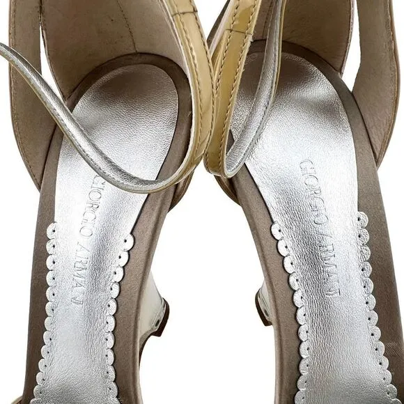 NWT Giorgio Armani Women’s Patent Leather Wedge Sandals US 8.5 Beige | $875