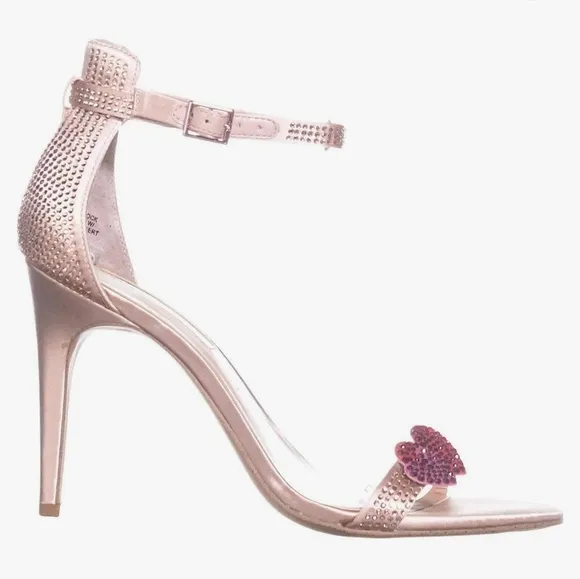 NWT Heart Heels Open Toe Sandal Sparkle Sequin Embellished Blush Pink Gold Heels