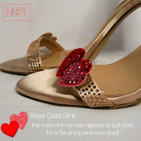NWT Heart Heels Open Toe Sandal Sparkle Sequin Embellished Blush Pink Gold Heels