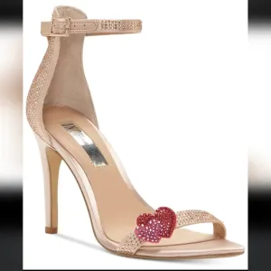 NWT Heart Heels Open Toe Sandal Sparkle Sequin Embellished Blush Pink Gold Heels