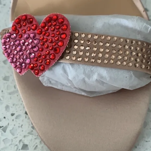 NWT Heart Heels Open Toe Sandal Sparkle Sequin Embellished Blush Pink Gold Heels