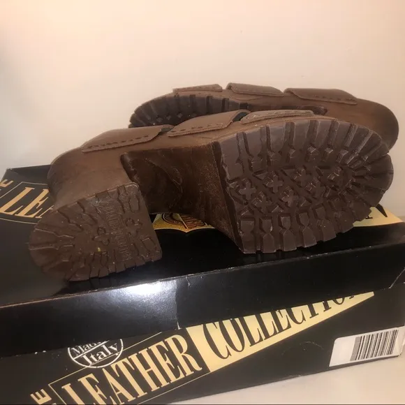 NWT! Italian Leather Slide Wedge Sandals Grippy Sole Traction NOS Y2K Vintage