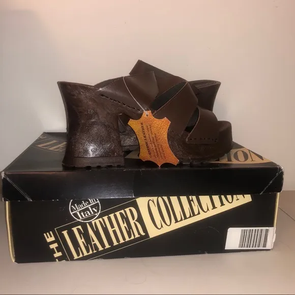 NWT! Italian Leather Slide Wedge Sandals Grippy Sole Traction NOS Y2K Vintage