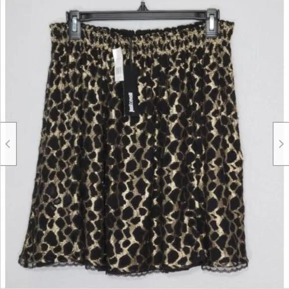 NWT Just Cavalli Black Gold Elastic Waist A-line Skirt 44