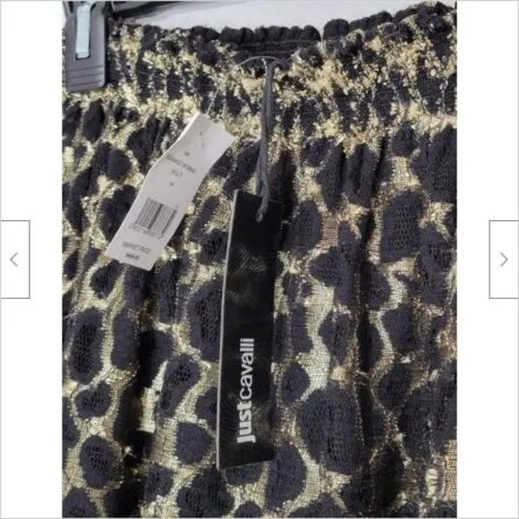 NWT Just Cavalli Black Gold Elastic Waist A-line Skirt 44