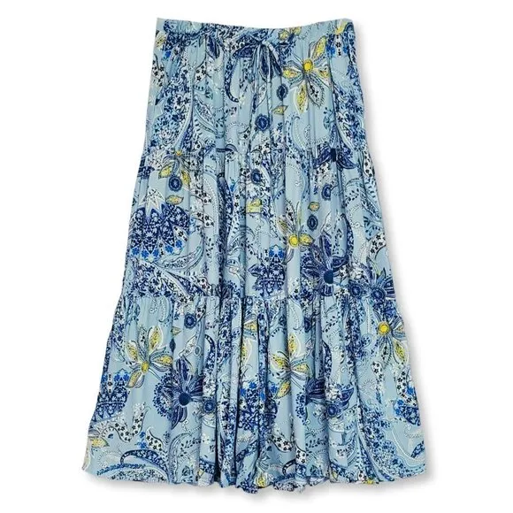 NWT KAREN KANE Boho Floral Paisley Print Side Pockets Tiered Midi Skirt