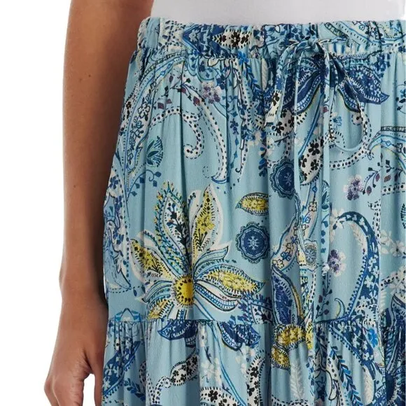NWT KAREN KANE Boho Floral Paisley Print Side Pockets Tiered Midi Skirt