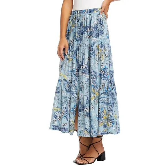 NWT KAREN KANE Boho Floral Paisley Print Side Pockets Tiered Midi Skirt