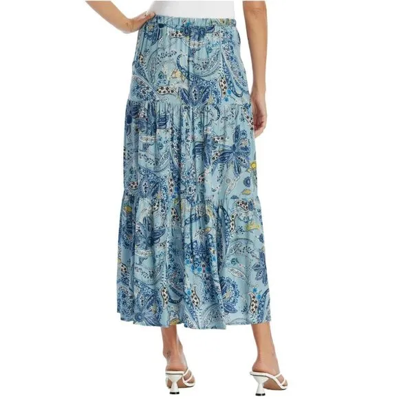 NWT KAREN KANE Boho Floral Paisley Print Side Pockets Tiered Midi Skirt