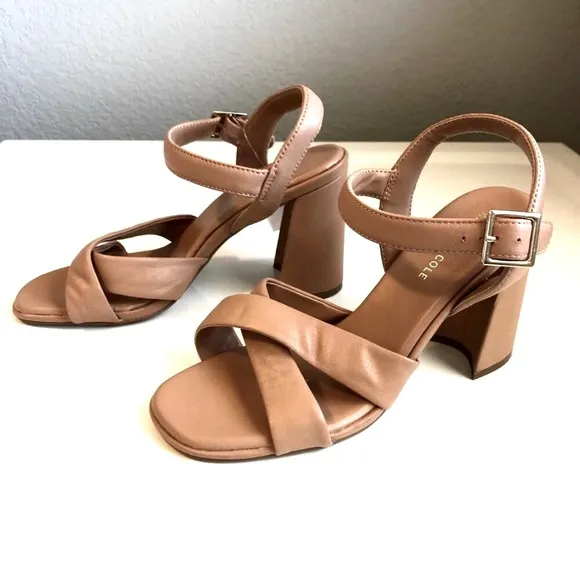 NWT KENNETH COLE NY Lessia Tan Leather Sandal Cross-straps Flared Block Heel 8