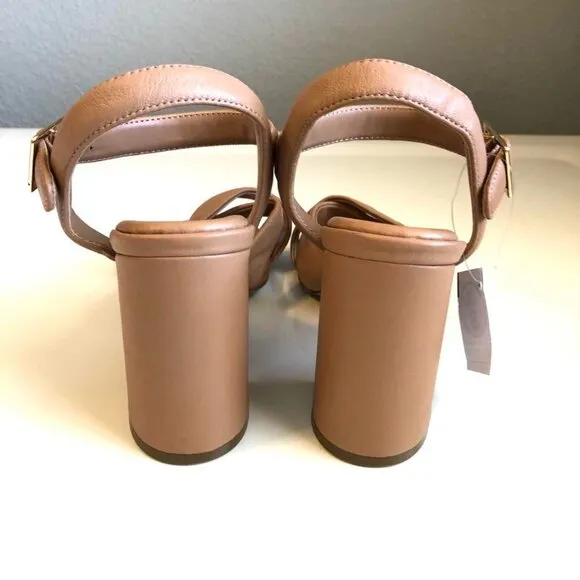NWT KENNETH COLE NY Lessia Tan Leather Sandal Cross-straps Flared Block Heel 8