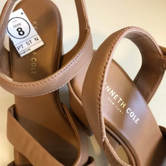 NWT KENNETH COLE NY Lessia Tan Leather Sandal Cross-straps Flared Block Heel 8