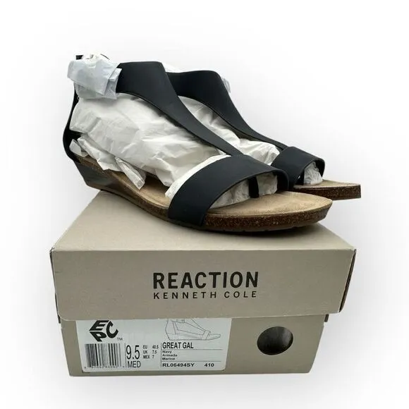 NWT Kenneth Cole Reaction Womens T-Strap Great Gal Wedge Sandals Navy Size 9.5