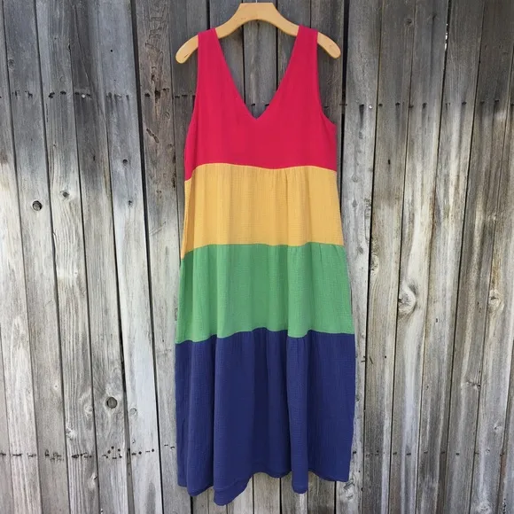 NWT Marine Layer Corinne Colorblock Tiered Cotton Gauze Maxi Dress Rainbow M