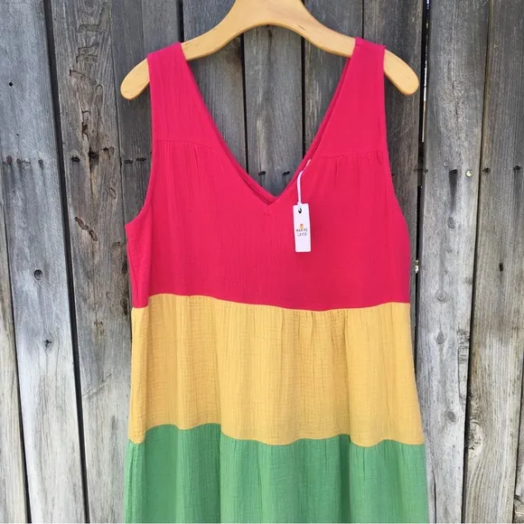 NWT Marine Layer Corinne Colorblock Tiered Cotton Gauze Maxi Dress Rainbow M
