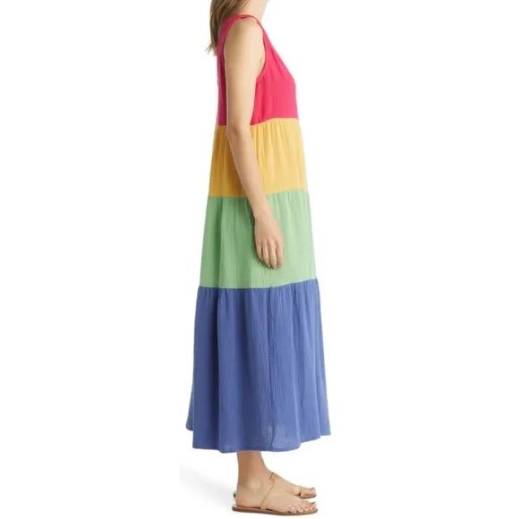 NWT Marine Layer Corinne Colorblock Tiered Cotton Gauze Maxi Dress Rainbow M