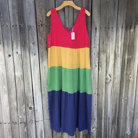 NWT Marine Layer Corinne Colorblock Tiered Cotton Gauze Maxi Dress Rainbow M