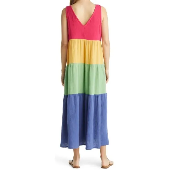 NWT Marine Layer Corinne Colorblock Tiered Cotton Gauze Maxi Dress Rainbow M