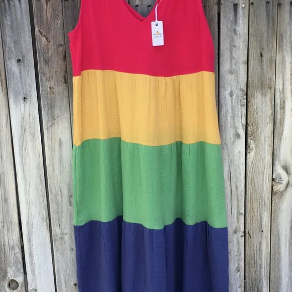 NWT Marine Layer Corinne Colorblock Tiered Cotton Gauze Maxi Dress Rainbow M