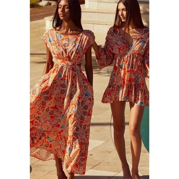 NWT! Misa Dana Mae Dress Tangerine Flora Maxi Dress - Size Small