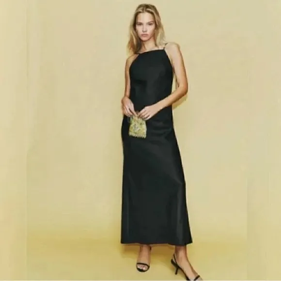 NWT Reformation Selia Halterneck Linen Maxi Dress‎ Black Sz Small $250