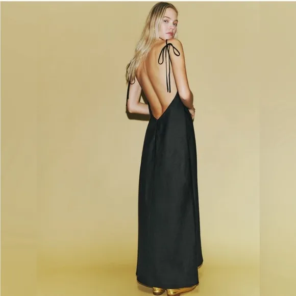 NWT Reformation Selia Halterneck Linen Maxi Dress‎ Black Sz Small $250