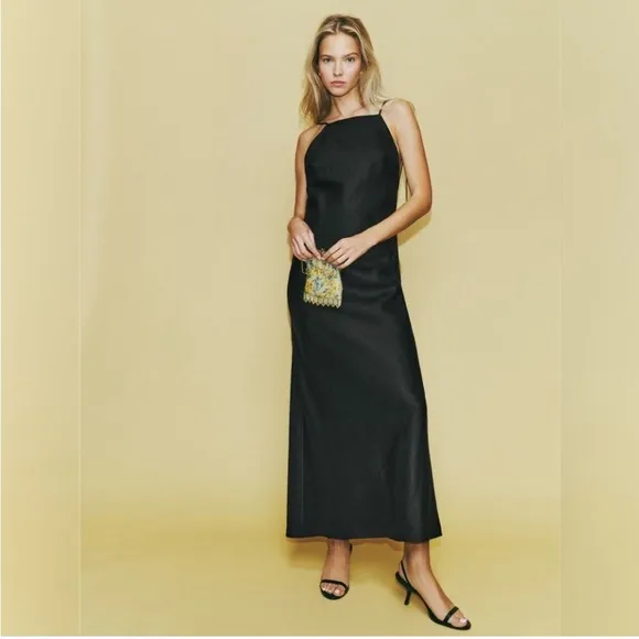 NWT Reformation Selia Halterneck Linen Maxi Dress‎ Black Sz Small $250