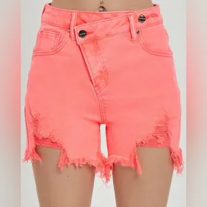 NWT RISEN Neon Coral Pink Raw Hem Asymmetrical Waist Denim Shorts