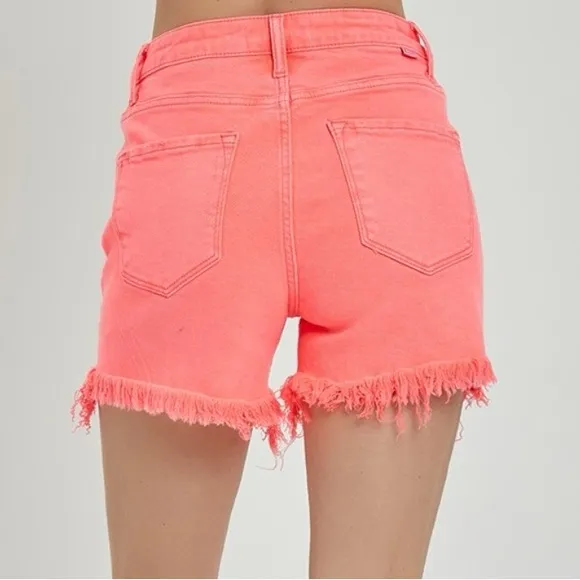 NWT RISEN Neon Coral Pink Raw Hem Asymmetrical Waist Denim Shorts
