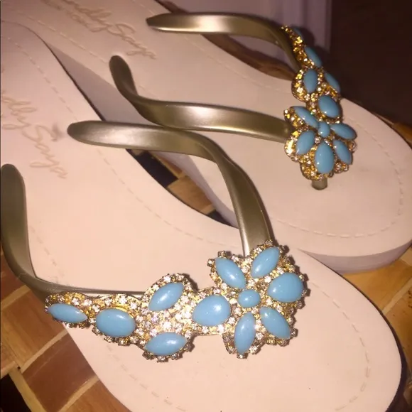 NWT Sand by Saya high wedge embellished sandal