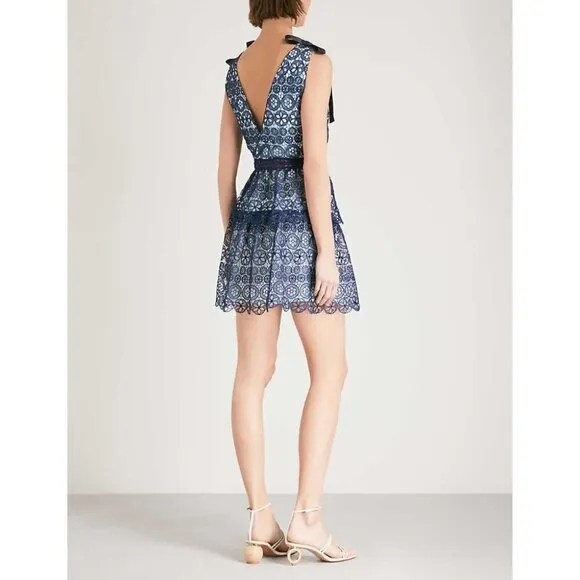 NWT Self-Portrait Bow Embellished Blue Lace Dress $428