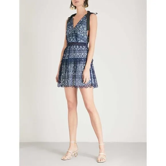 NWT Self-Portrait Bow Embellished Blue Lace Dress $428