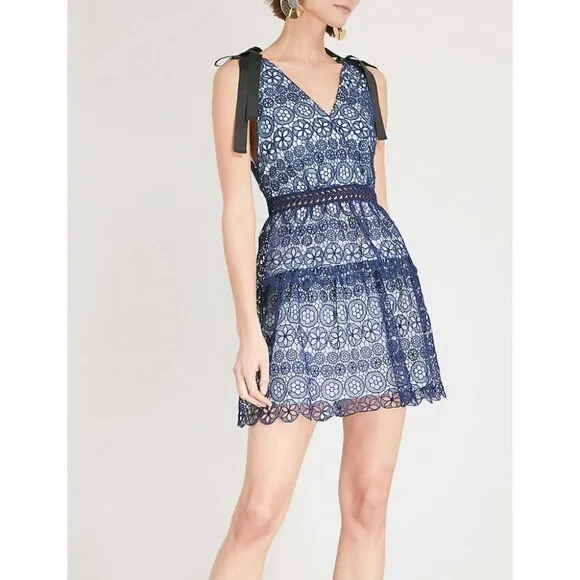 NWT Self-Portrait Bow Embellished Blue Lace Dress $428
