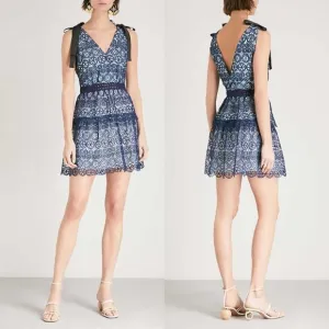 NWT Self-Portrait Bow Embellished Blue Lace Dress $428
