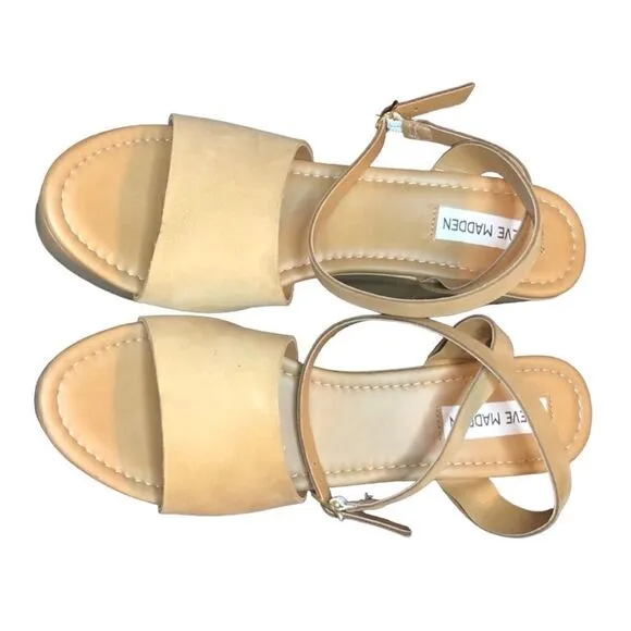 NWT Steven Madden Tan Khaki Sandals Open Toe Back Cross Straps Wide Wedge Sz: 10