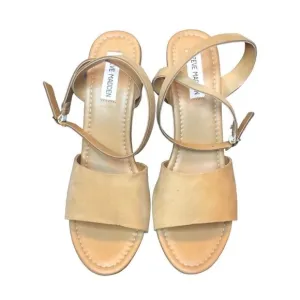 NWT Steven Madden Tan Khaki Sandals Open Toe Back Cross Straps Wide Wedge Sz: 10