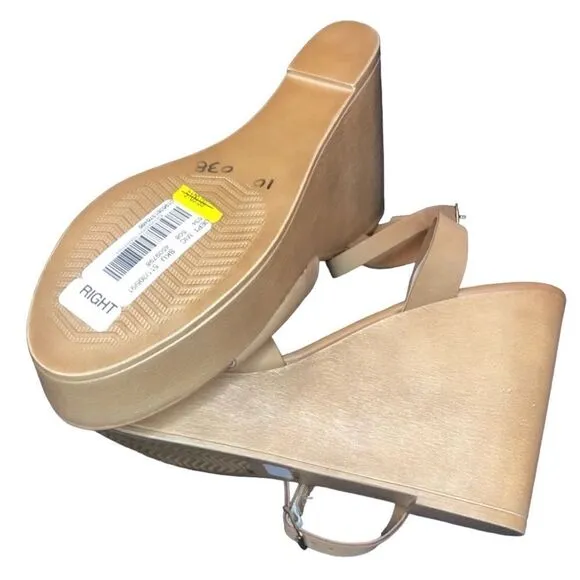 NWT Steven Madden Tan Khaki Sandals Open Toe Back Cross Straps Wide Wedge Sz: 10