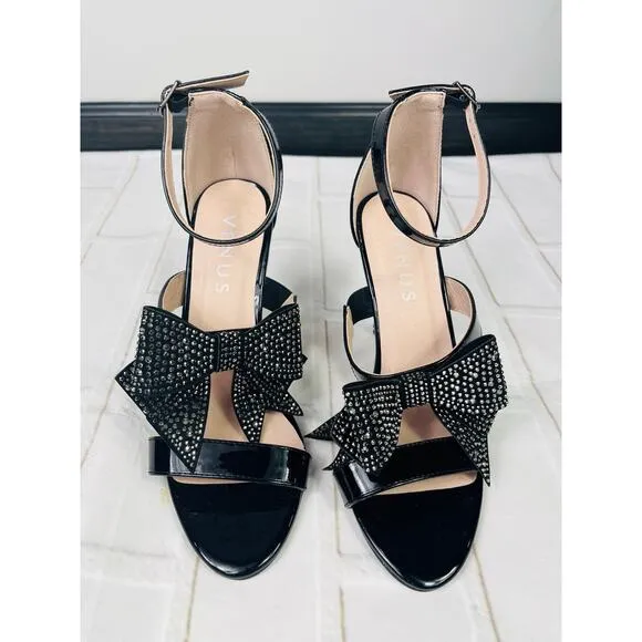NWT Venus black bow rhinestone heeled sandals sz 6.5