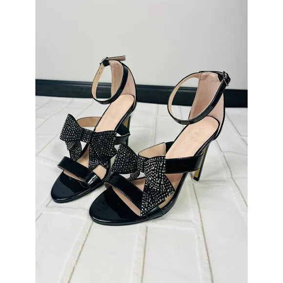 NWT Venus black bow rhinestone heeled sandals sz 6.5