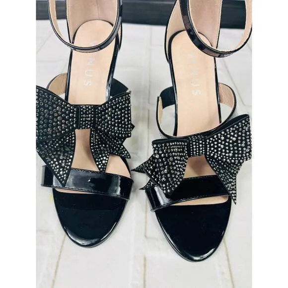 NWT Venus black bow rhinestone heeled sandals sz 6.5