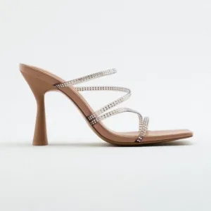 NWT. Zara Beige Rhinestones Details Squared Toe Sandals. Size 9