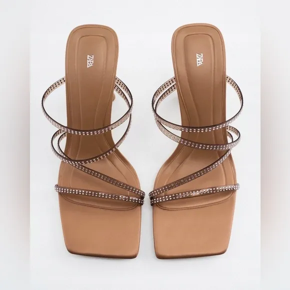 NWT. Zara Beige Rhinestones Details Squared Toe Sandals. Size 9